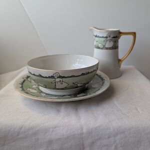 Vintage Limoges Porcelain Girls & Geese Child Set Plate Bowl Pitcher DAMAGED